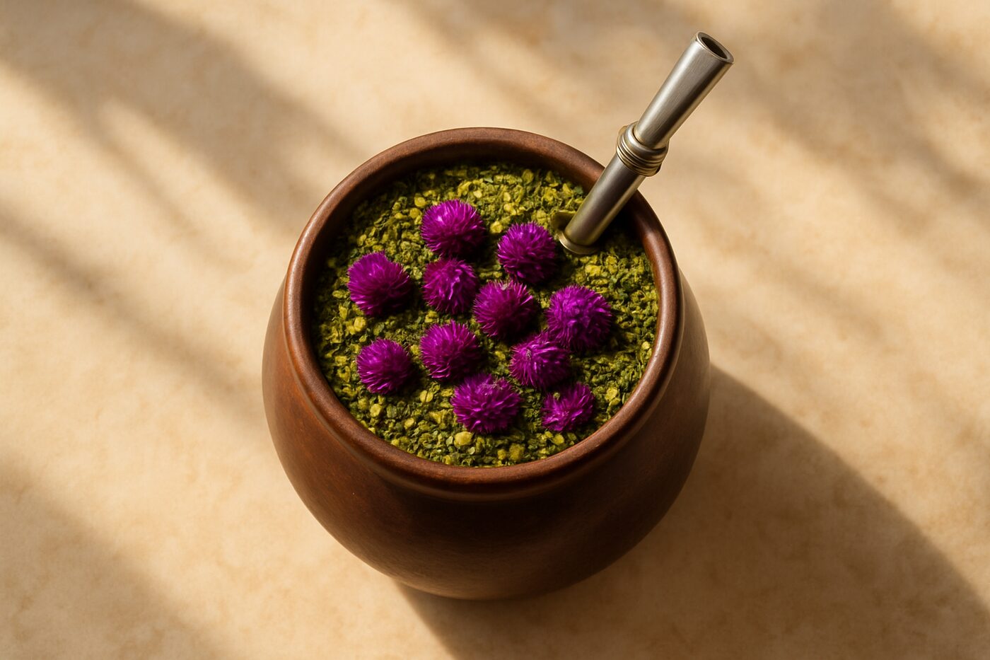 Mate cebado con flor siempreviva sobre yerba