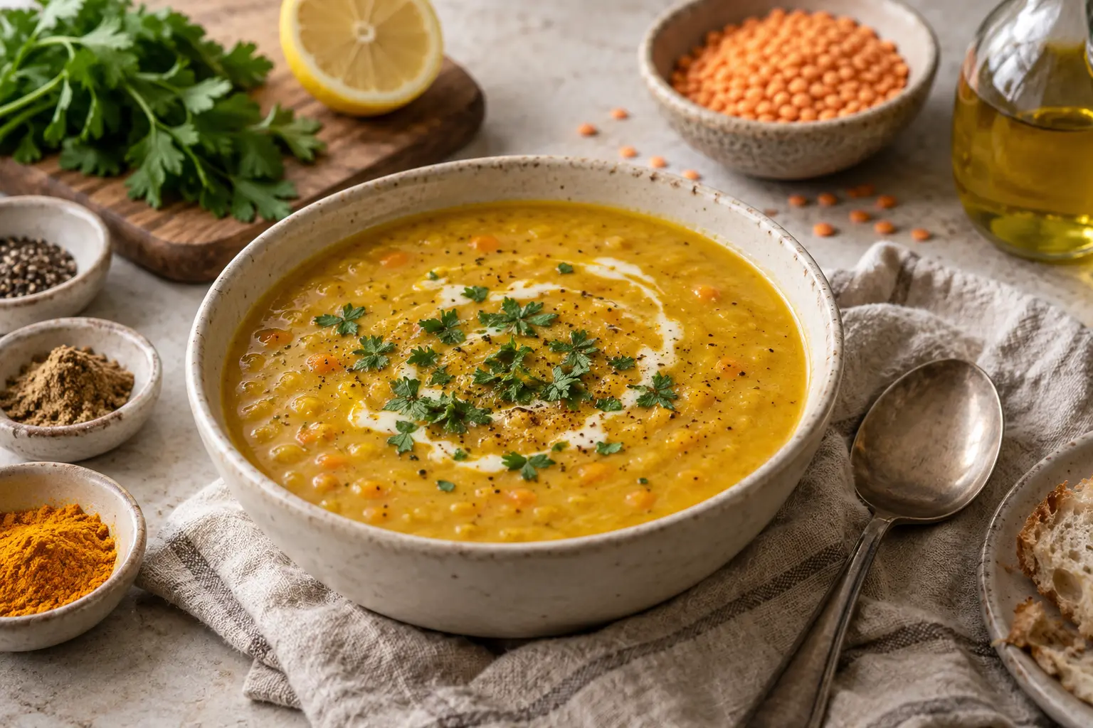 Sopa Dorada de Lentejas y Cúrcuma — sugerencia de presentación