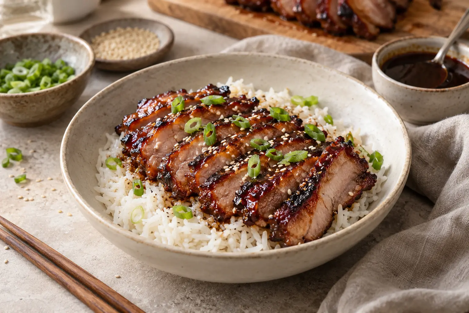 Cerdo Char Siu Glaseado con Cinco Especias y Miel — sugerencia de presentación