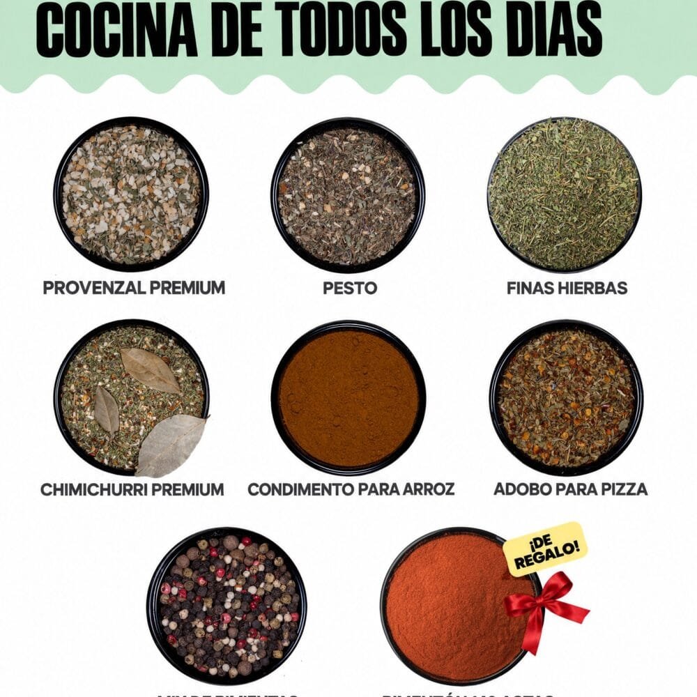Combo Cocina de Todos los Días: ocho condimentos de 100 g de Sir Neko, con el Pimentón 140 Astas de regalo