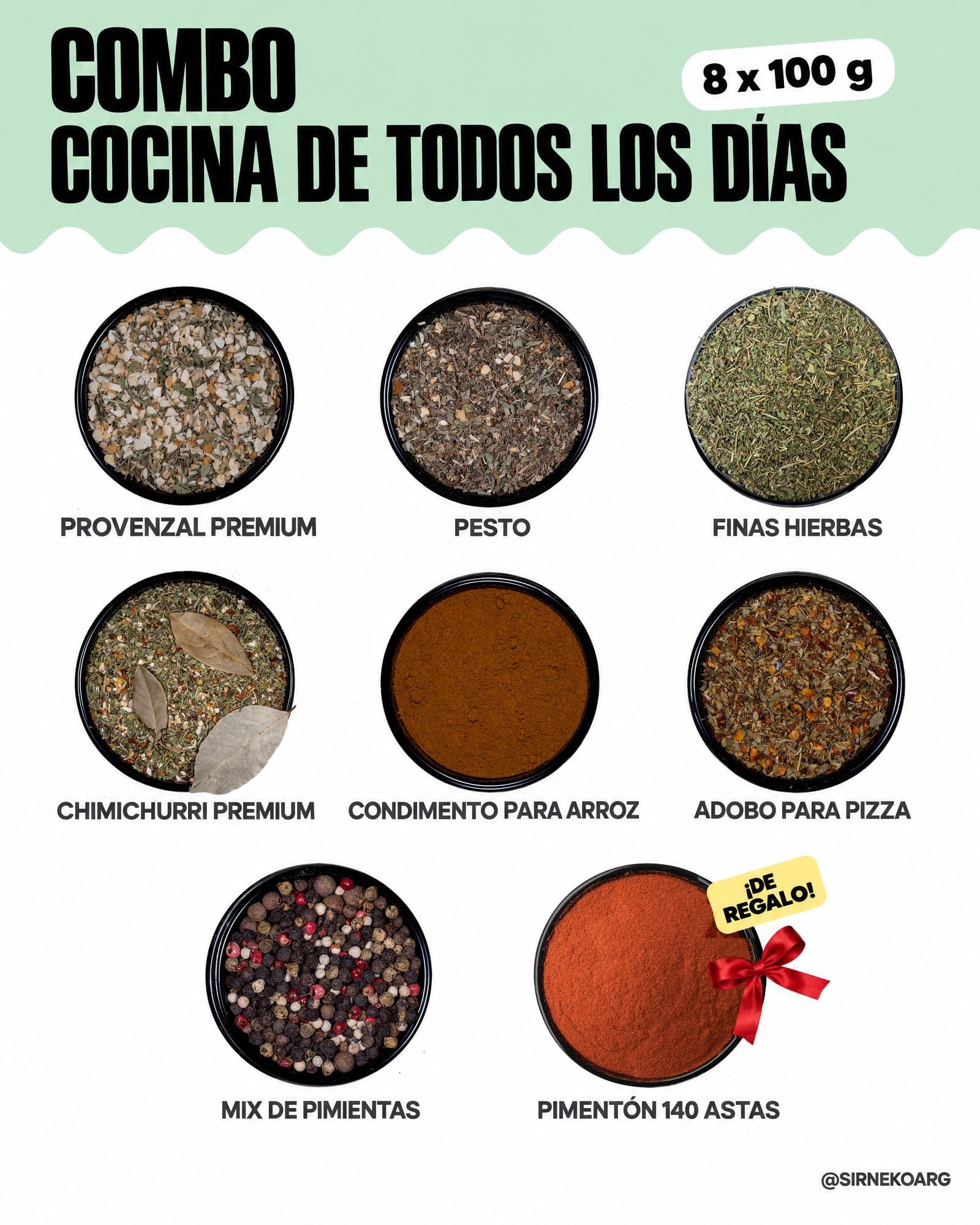 Combo Cocina de Todos los Días: ocho condimentos de 100 g de Sir Neko, con el Pimentón 140 Astas de regalo
