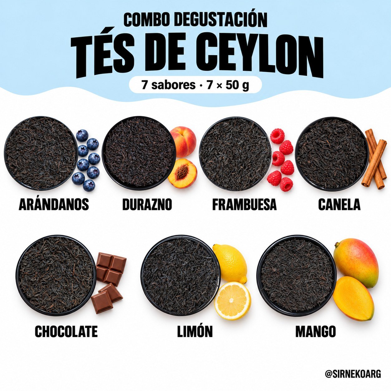 Combo de siete tés de Ceylon: arándanos, durazno, frambuesa, canela, chocolate, limón y mango; 50 g de cada sabor