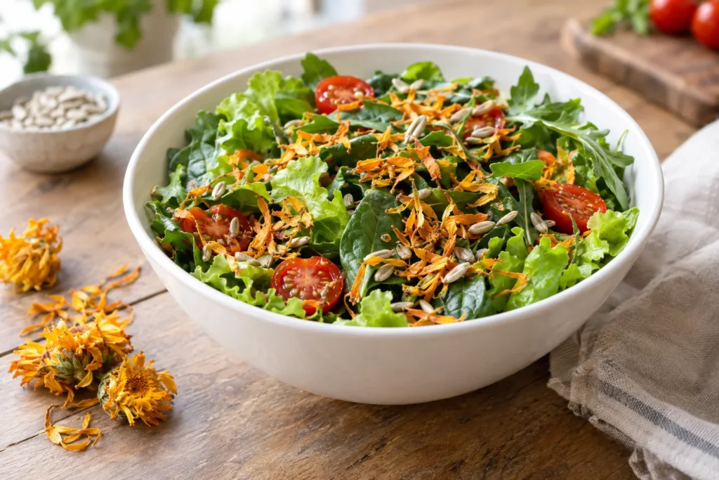 Ensalada de hojas verdes con pétalos de caléndula