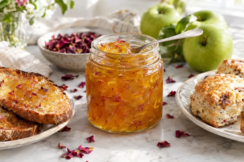 Mermelada de manzana y pétalos de rosa
