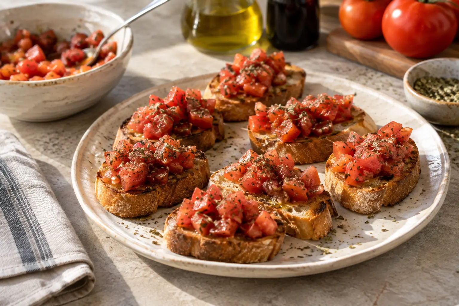 Bruschetta mediterránea con tomate y adobo — sugerencia de presentación