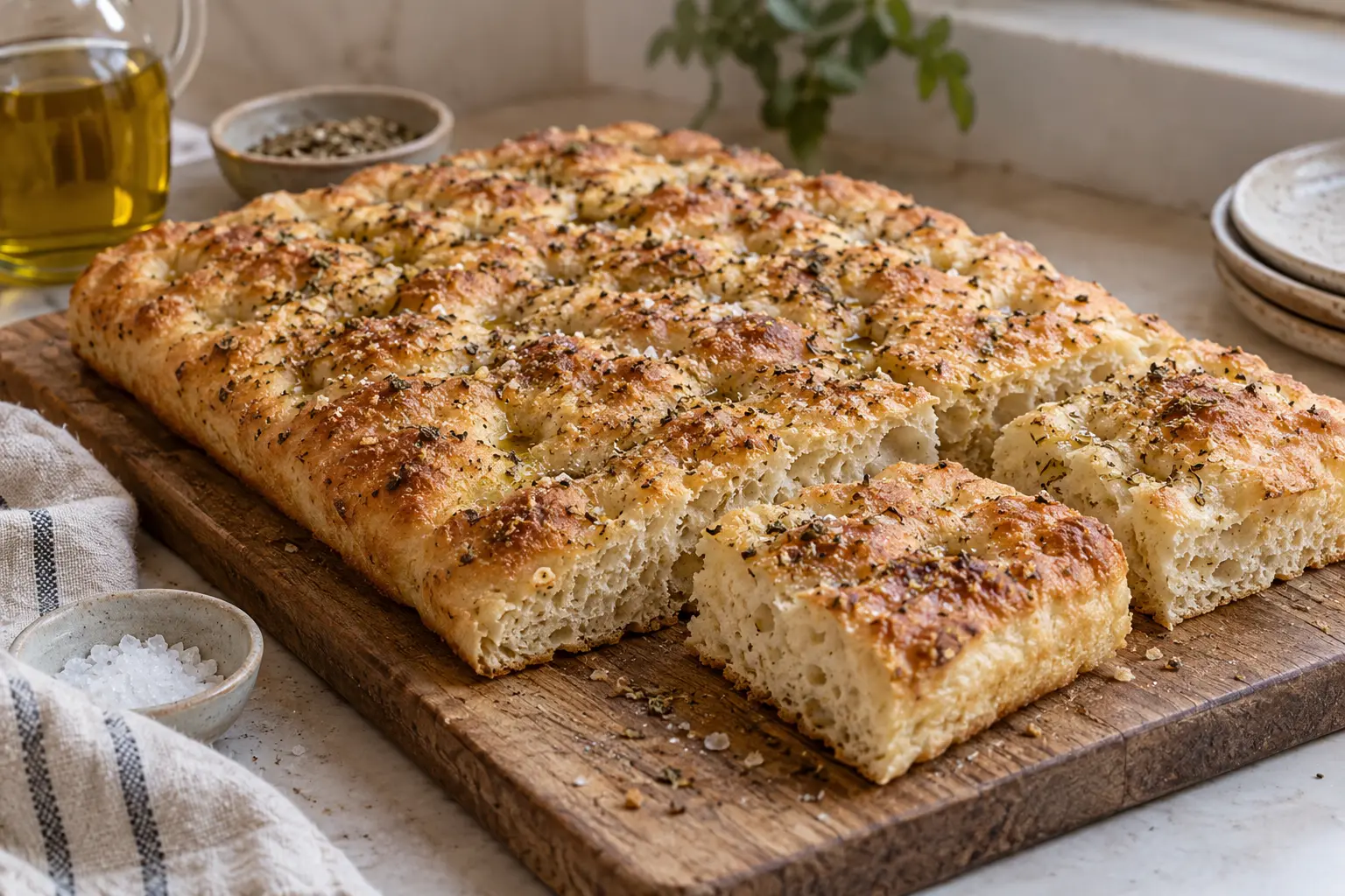Focaccia italiana con adobo y aceite de oliva — sugerencia de presentación