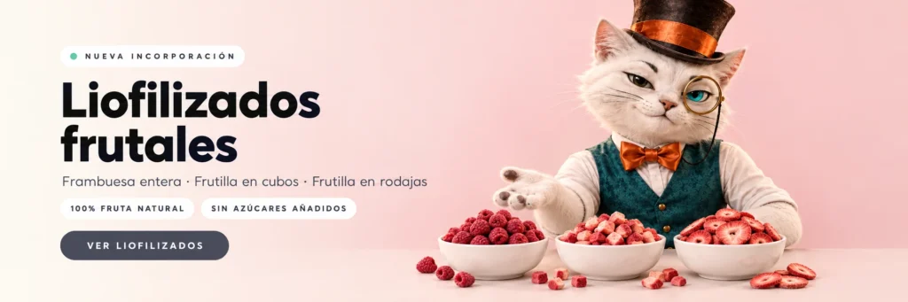 Liofilizados frutales: frambuesa entera, frutilla en cubos y frutilla en rodajas. 100% fruta natural, sin azúcares añadidos.