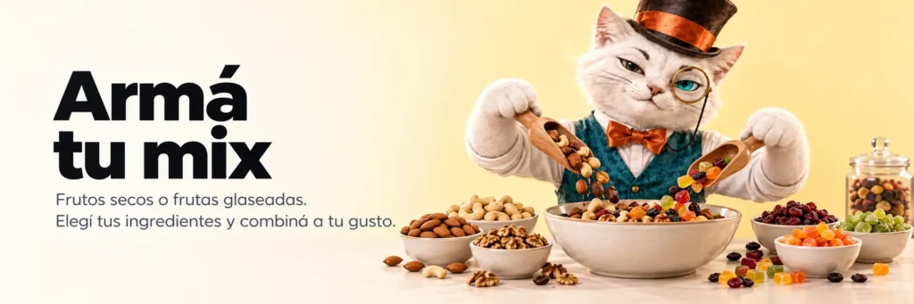 Armá tu mix. Frutos secos o frutas glaseadas. Elegí tus ingredientes y combiná a tu gusto.
