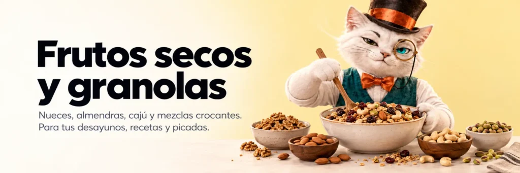 Frutos secos y granolas. Nueces, almendras, cajú y mezclas crocantes. Para tus desayunos, recetas y picadas.