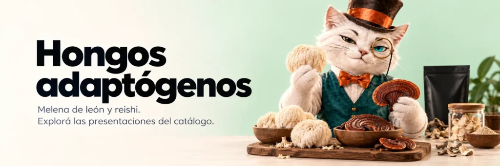 Hongos adaptógenos. Melena de león y reishi. Explorá las presentaciones del catálogo.