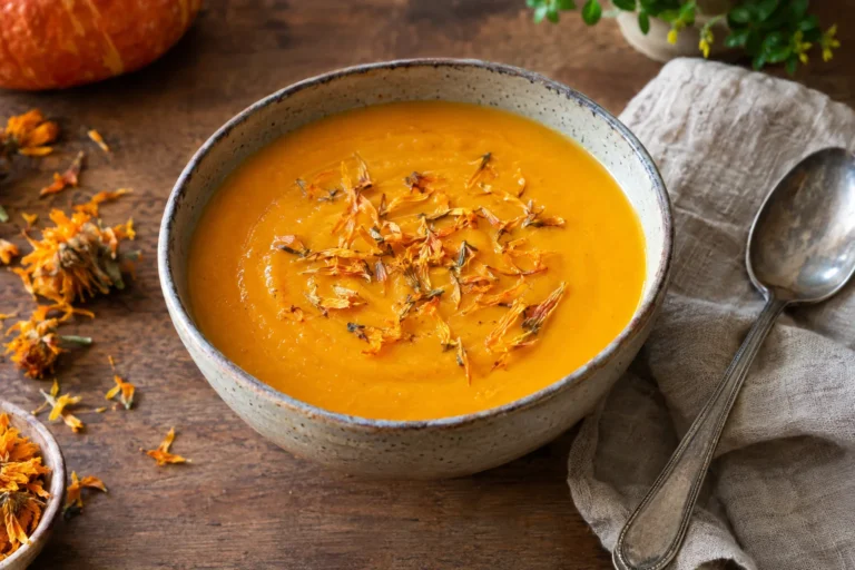 Sopa de zapallo con pétalos de caléndula