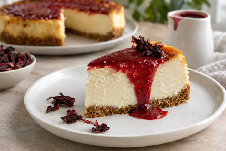Tarta de queso con coulis de flor de Jamaica